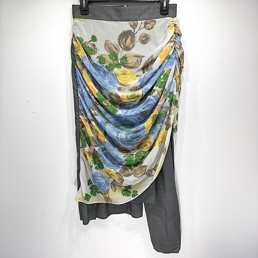 Base Mark Runway Style Asymmetric Gray Skirt Sheer Floral Overlay Luxury NEW